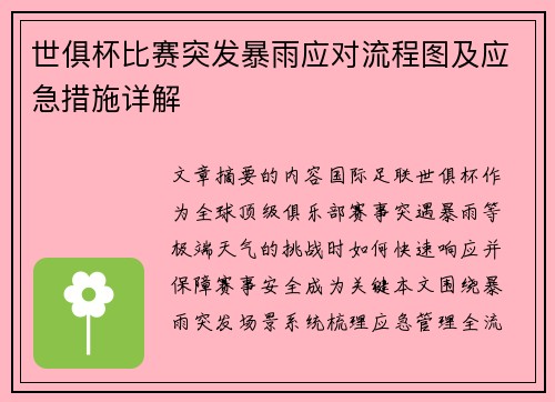 世俱杯比赛突发暴雨应对流程图及应急措施详解